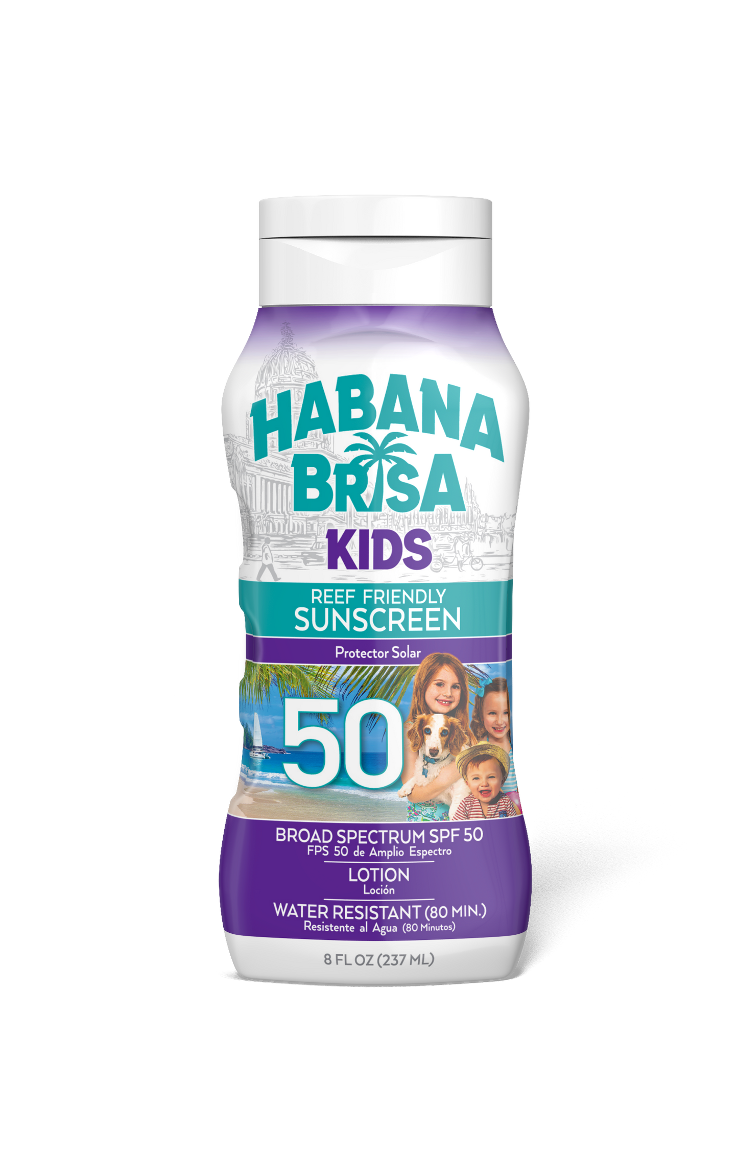 Habana Brisa Kids SPF 50 reef-friendly sunscreen lotion bottle with beach scene and smiling children