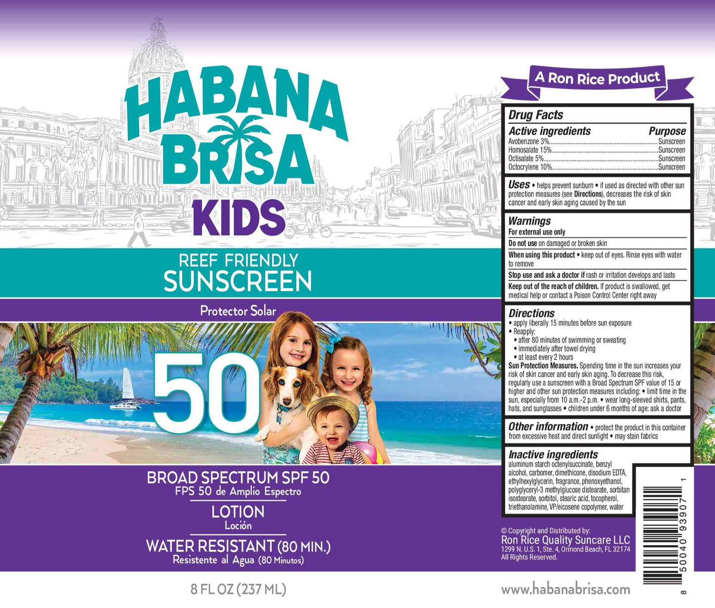 Habana Brisa Kids SPF 50 reef-friendly sunscreen lotion label with beach scene and children