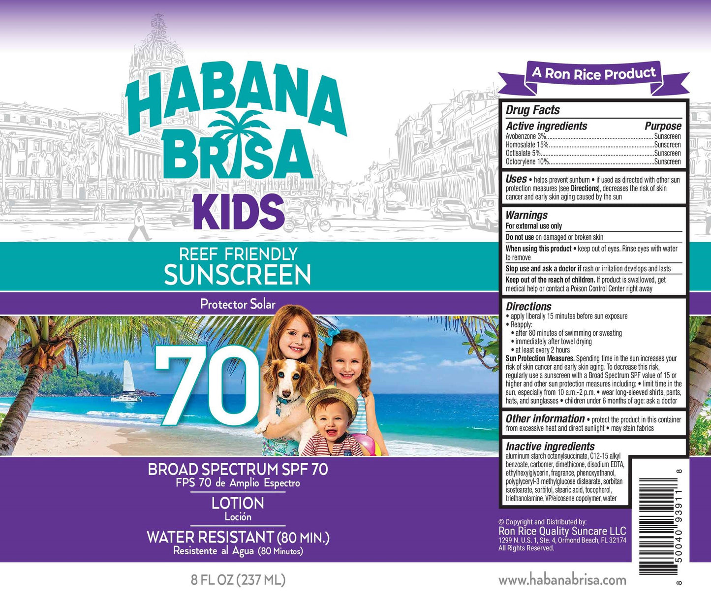 Habana Brisa Kids SPF 70 reef-friendly sunscreen lotion label with beach scene and smiling children