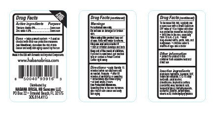 Drug facts label for Habana Brisa SPF 60 mineral sunscreen stick, showing ingredients, warnings, and directions