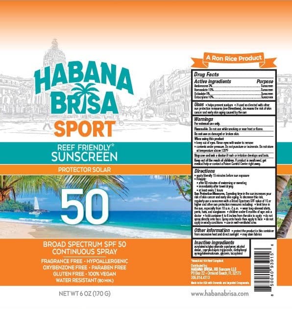 Product label of Habana Brisa Sport SPF 50 sunscreen with ingredient list and usage instructions