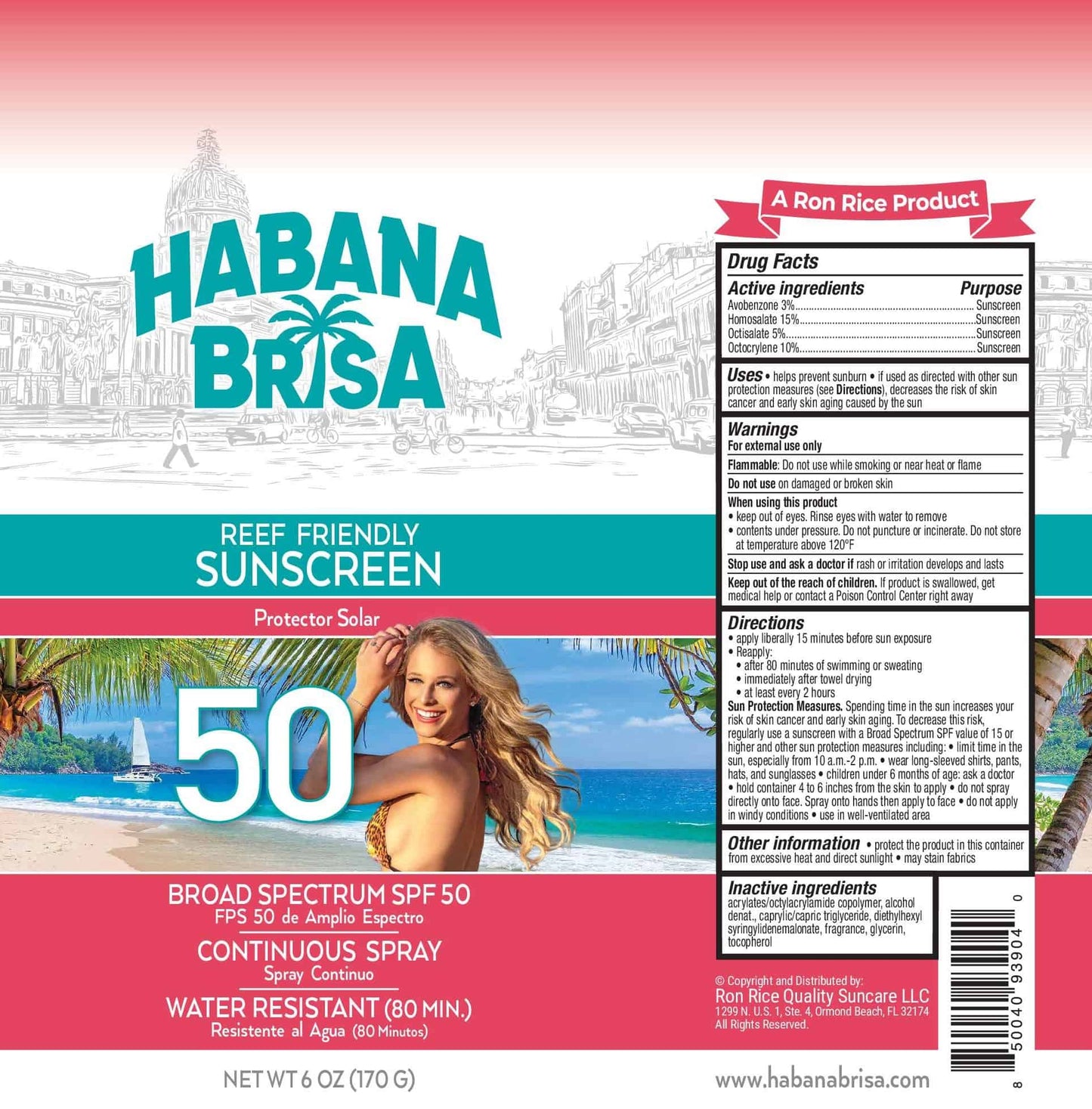 Label design for Habana Brisa Reef Friendly Sunscreen SPF 50 continuous spray with beach background