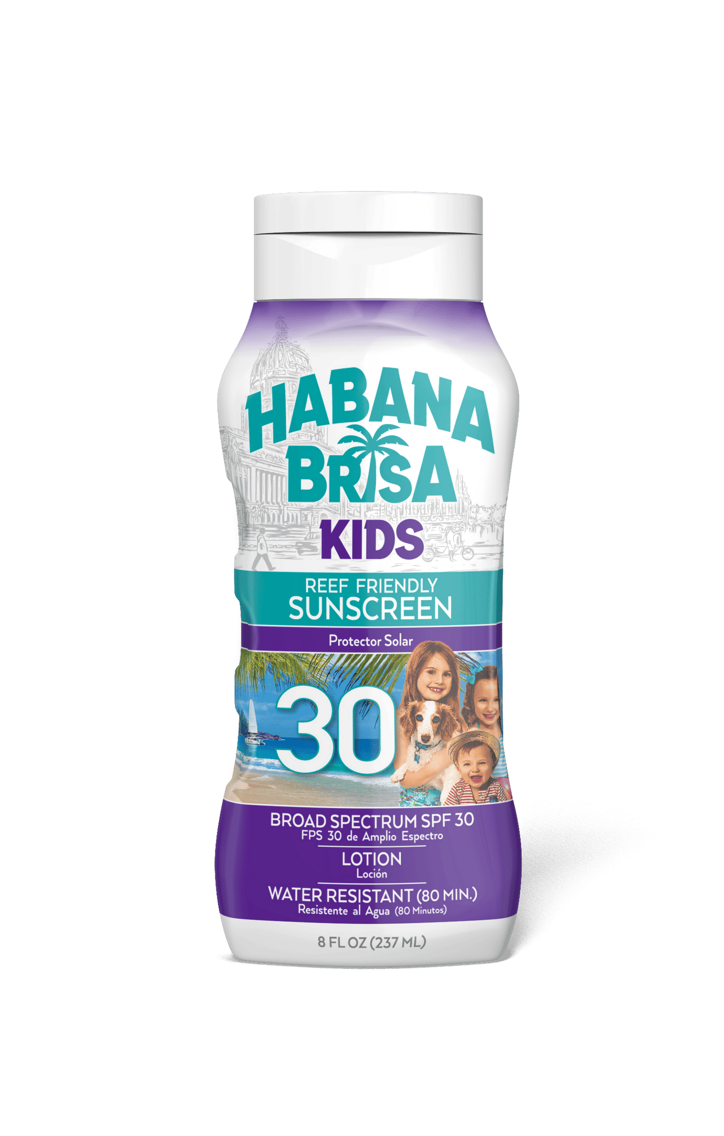 Habana Brisa Kids SPF 30 reef friendly sunscreen lotion bottle with beach background