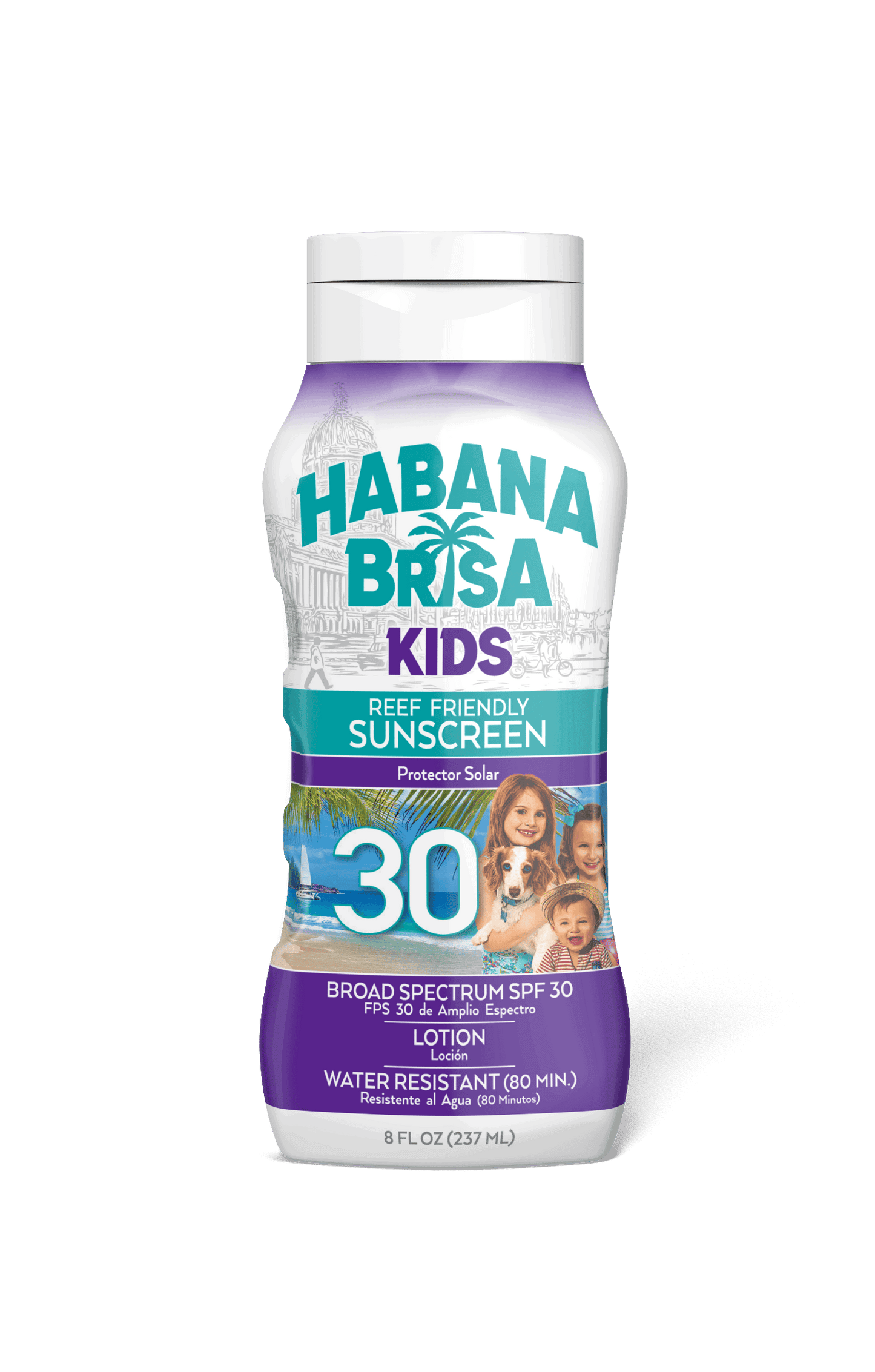 Habana Brisa Kids SPF 30 reef friendly sunscreen bottle with tropical beach and smiling children