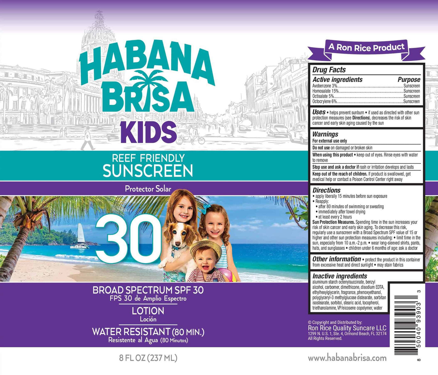 Habana Brisa Kids SPF 30 reef friendly sunscreen label with beach scene and family photo