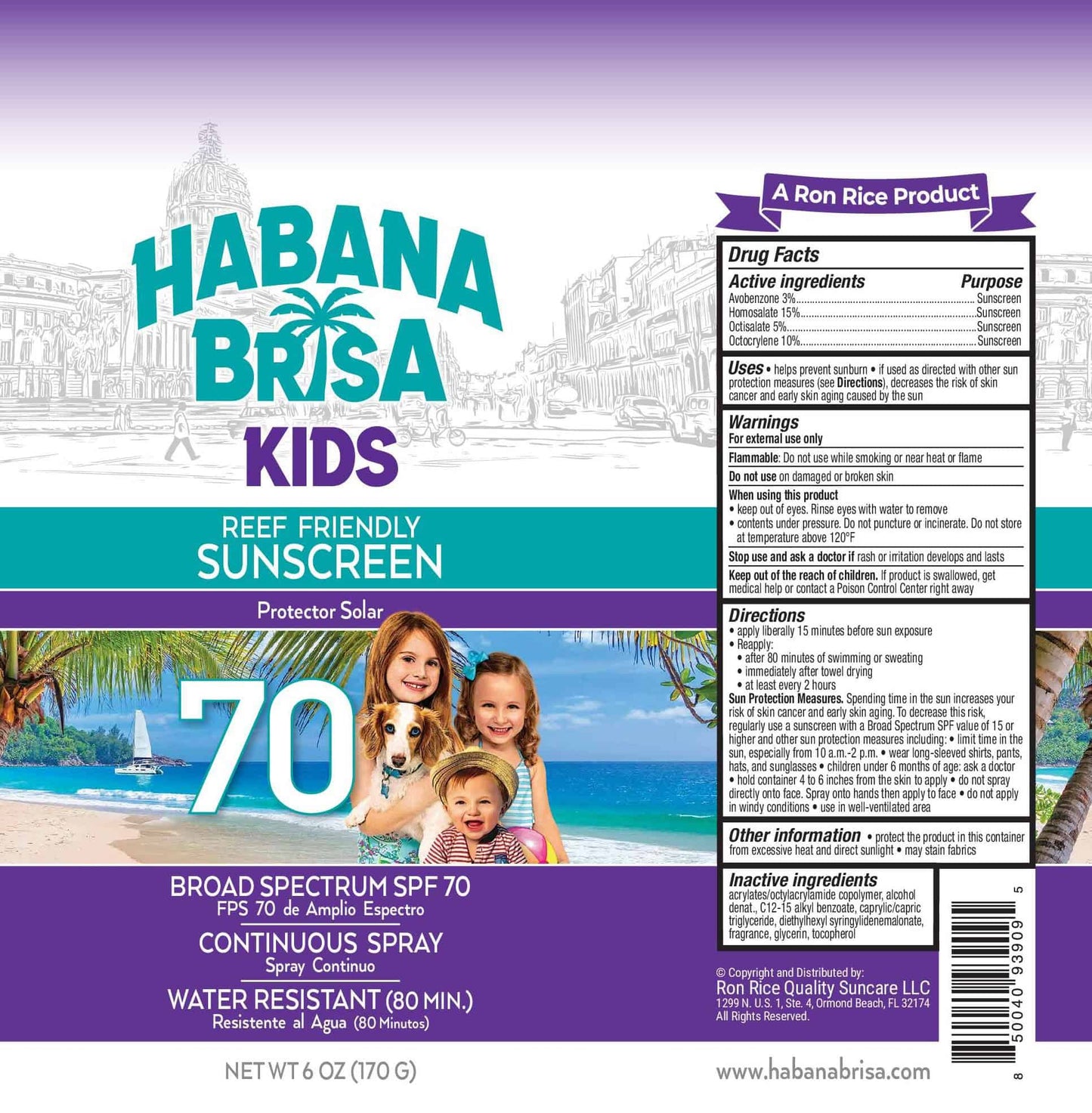 Habana Brisa Kids SPF 70 reef friendly sunscreen spray label with beach scene and smiling children
