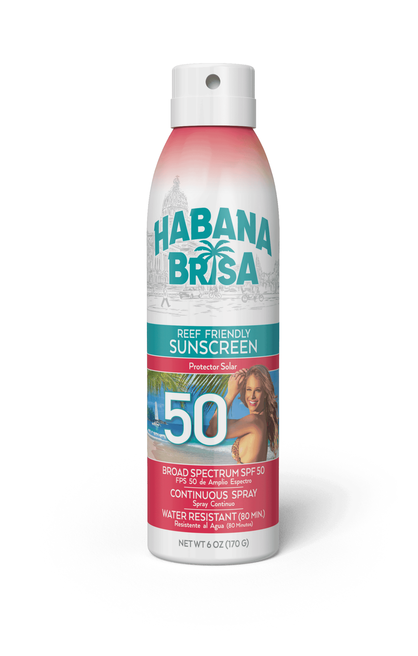 Habana Brisa Reef Friendly Sunscreen SPF 50 continuous spray bottle with beach scene label
