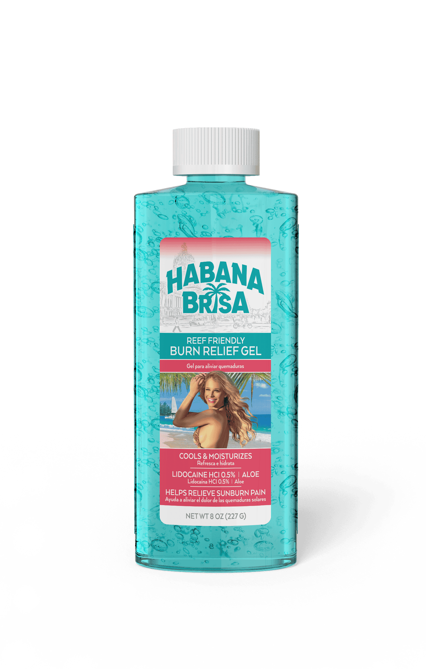 Bottle of Habana Brisa Burn Relief Gel with lidocaine and aloe for sunburn pain relief
