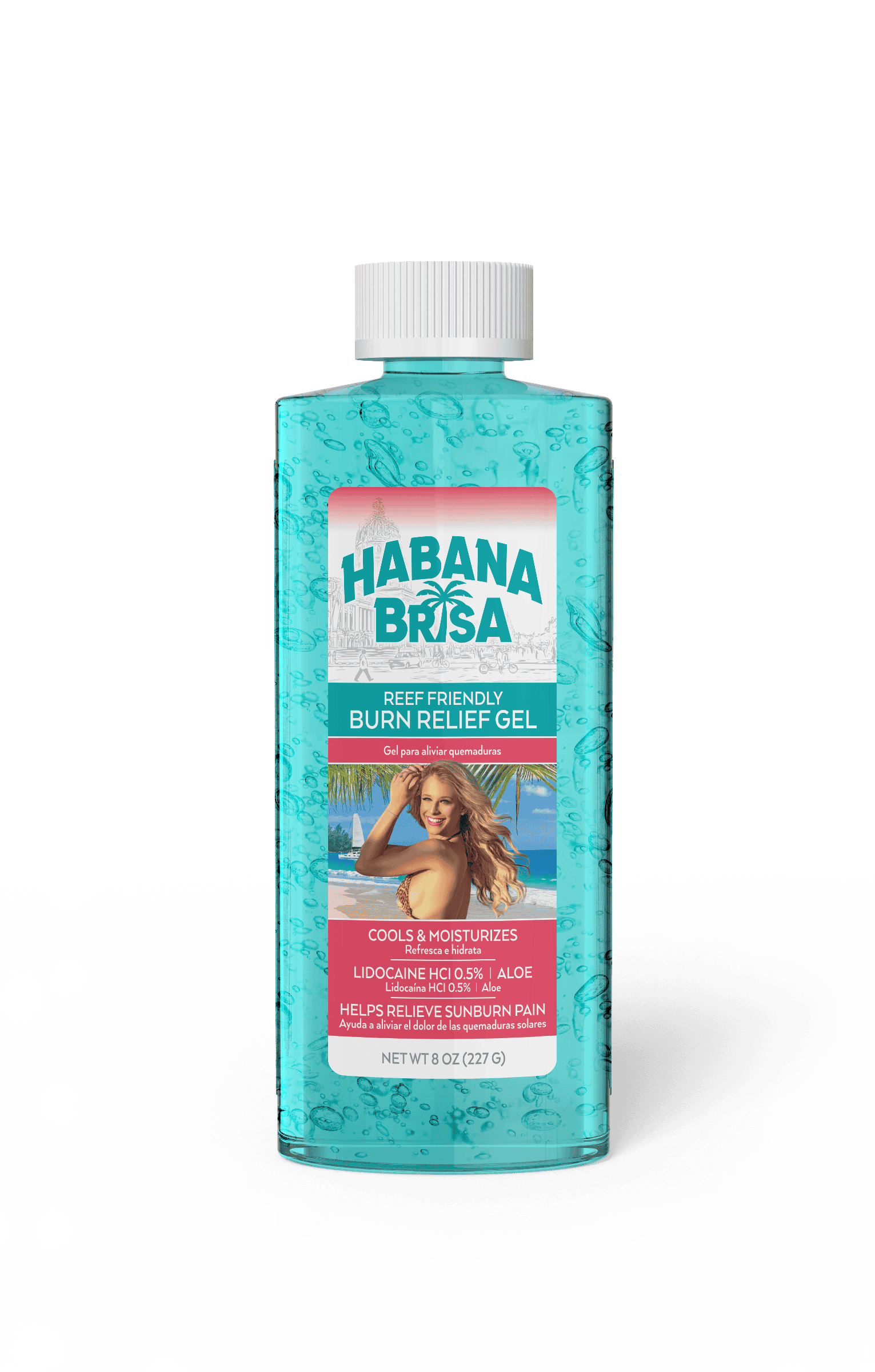 Bottle of Habana Brisa Burn Relief Gel with lidocaine and aloe for sunburn pain relief