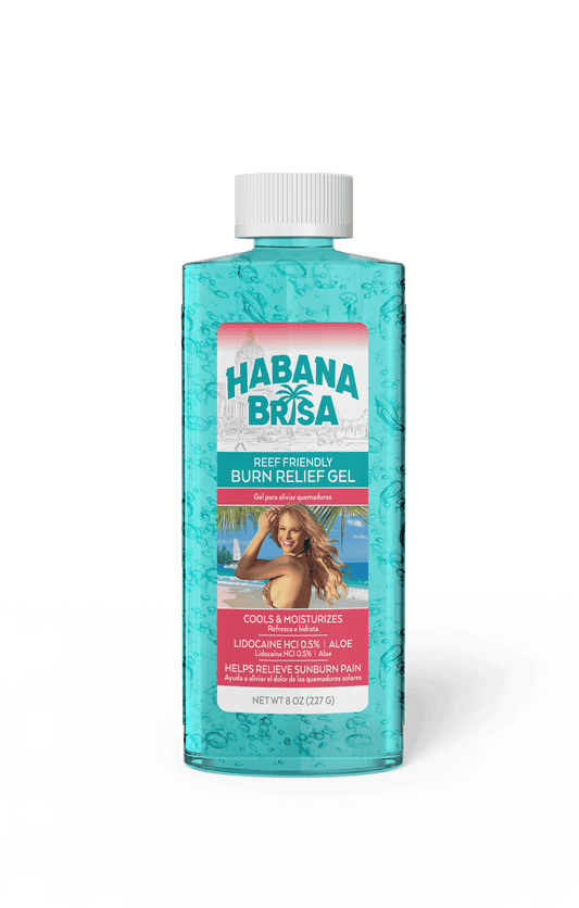 Bottle of Habana Brisa Burn Relief Gel with lidocaine and aloe for sunburn pain relief