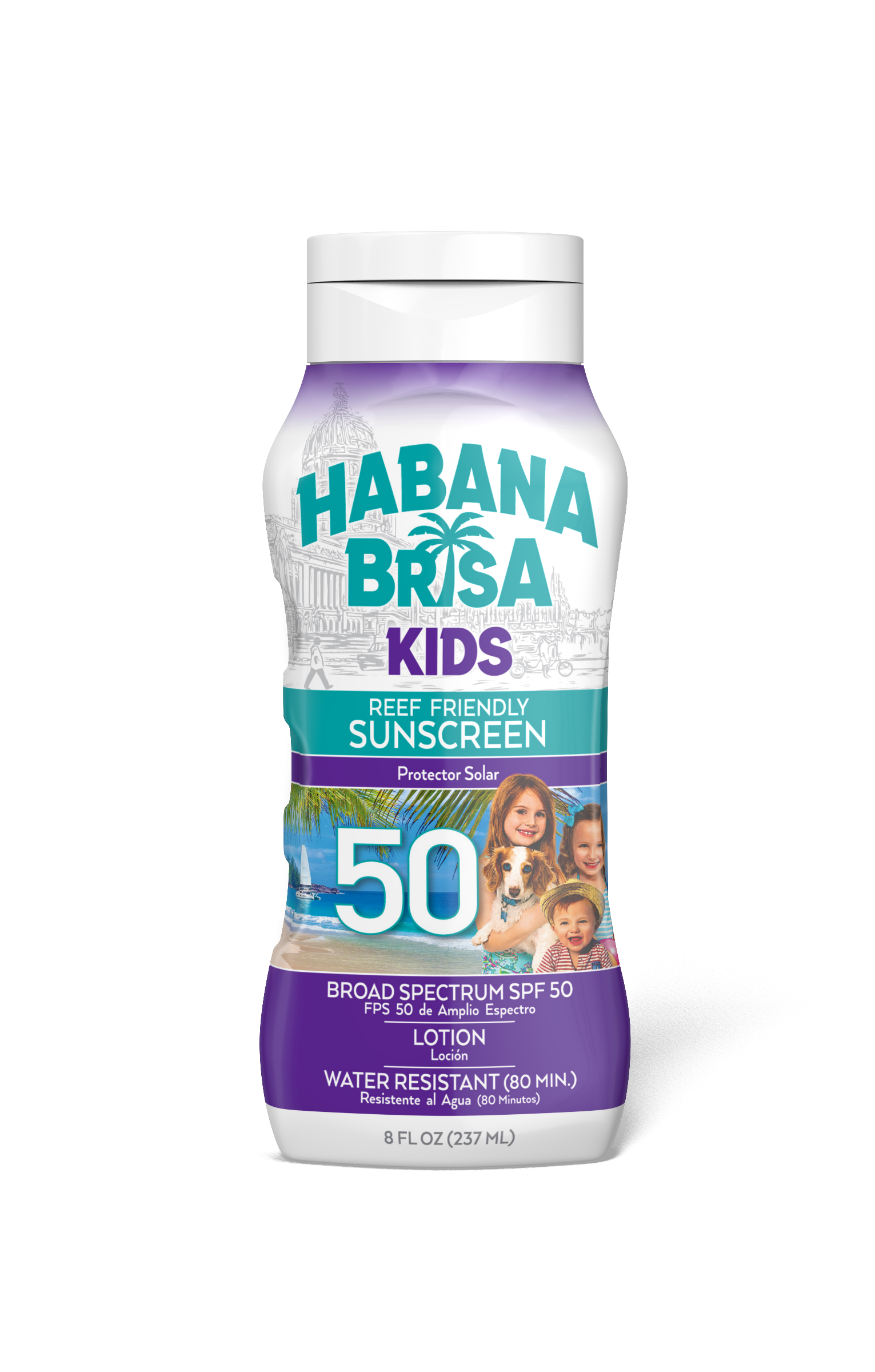 Habana Brisa Kids SPF 50 reef-friendly sunscreen lotion bottle with beach scene and smiling children
