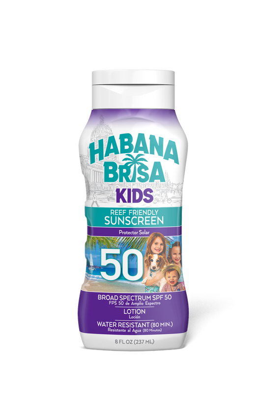 Habana Brisa Kids SPF 50 reef-friendly sunscreen lotion bottle with beach scene and smiling children
