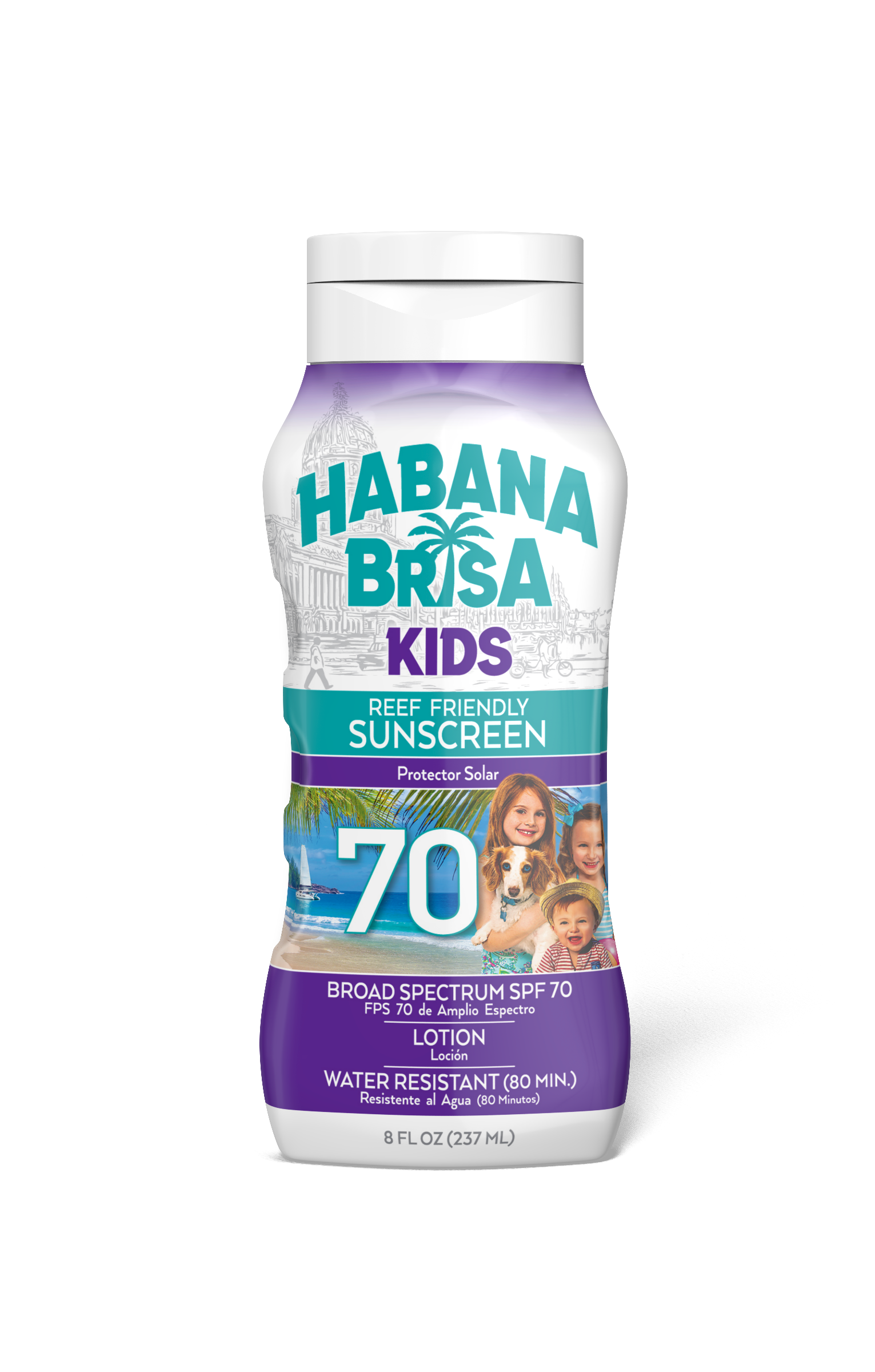 Habana Brisa Kids SPF 70 reef-friendly sunscreen lotion bottle with beach scene and happy children