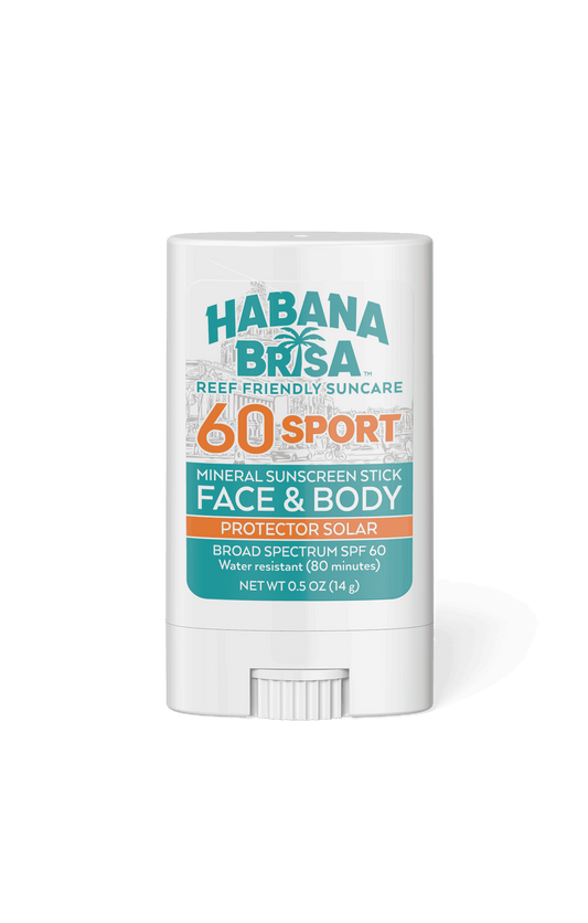 Habana Brisa SPF 60 sport mineral sunscreen stick for face and body, reef friendly and water resistant