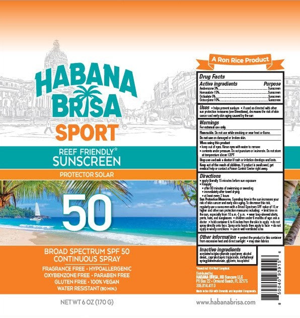 Habana Brisa Sport Sunscreen SPF 50 label showing active ingredients, usage instructions, and reef-safe, vegan formula for athletes