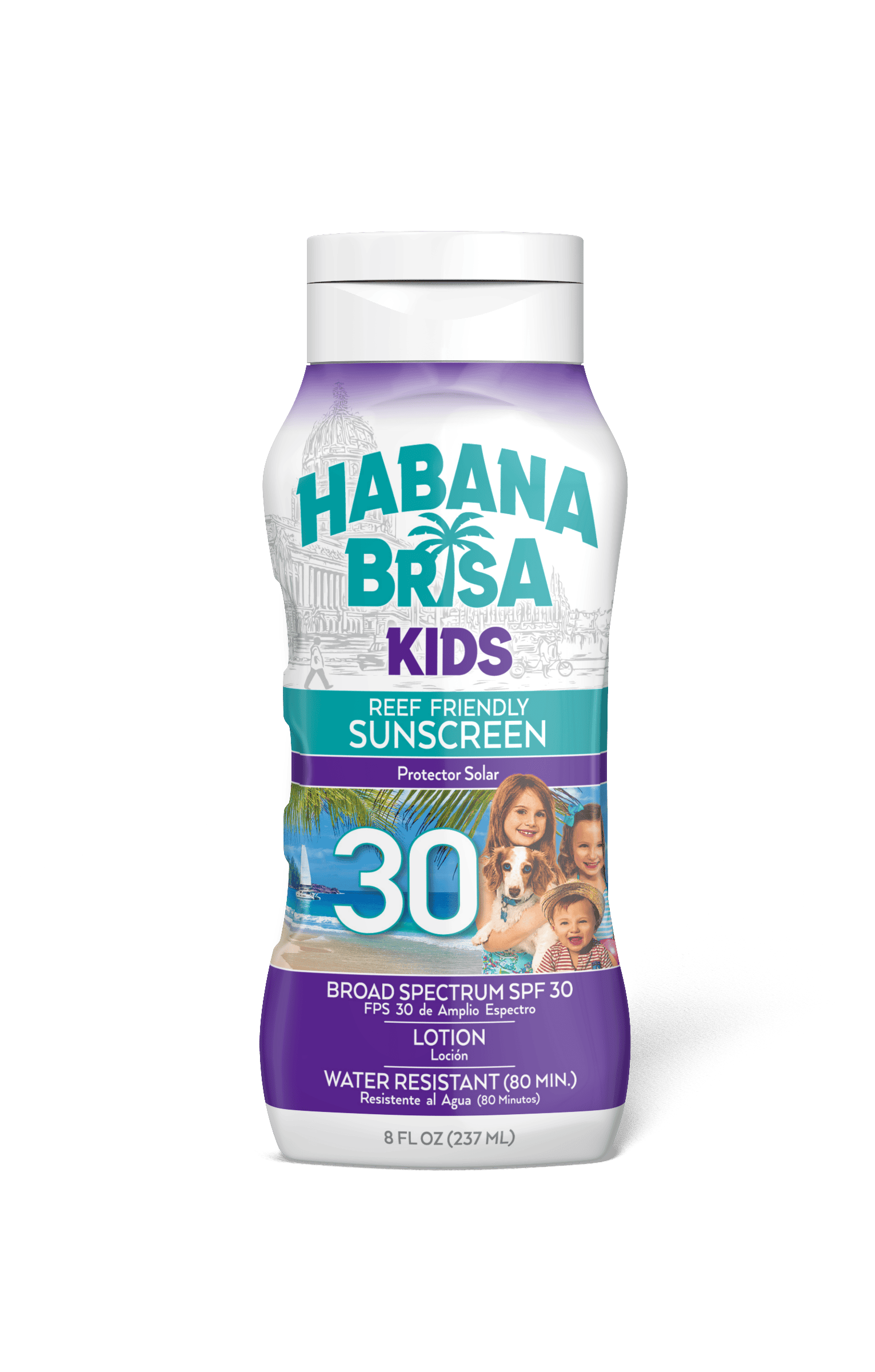 Habana Brisa Kids SPF 30 reef friendly sunscreen lotion bottle with beach background
