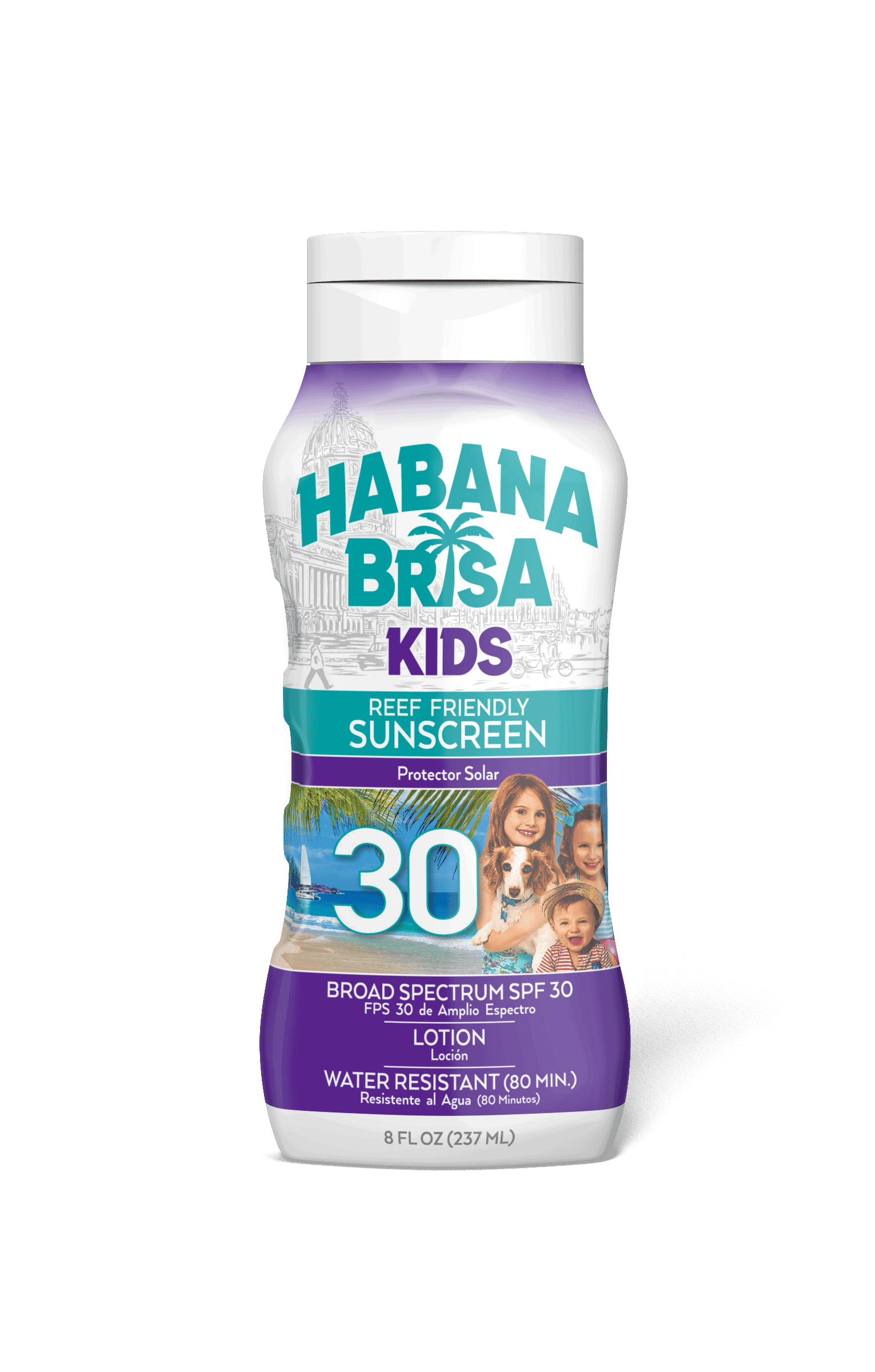 Habana Brisa Kids SPF 30 reef friendly sunscreen bottle with tropical beach and smiling children