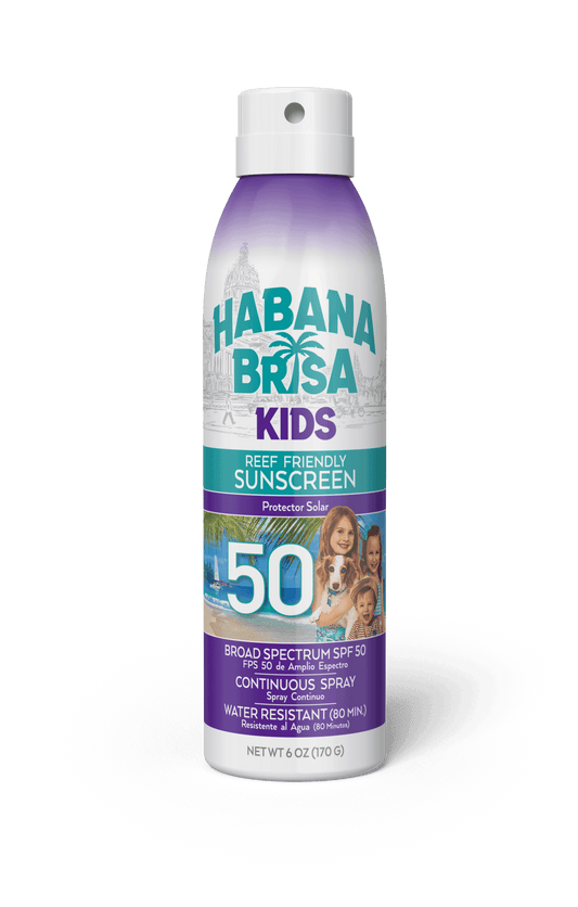 Habana Brisa Kids SPF 50 reef friendly sunscreen spray bottle with tropical beach background