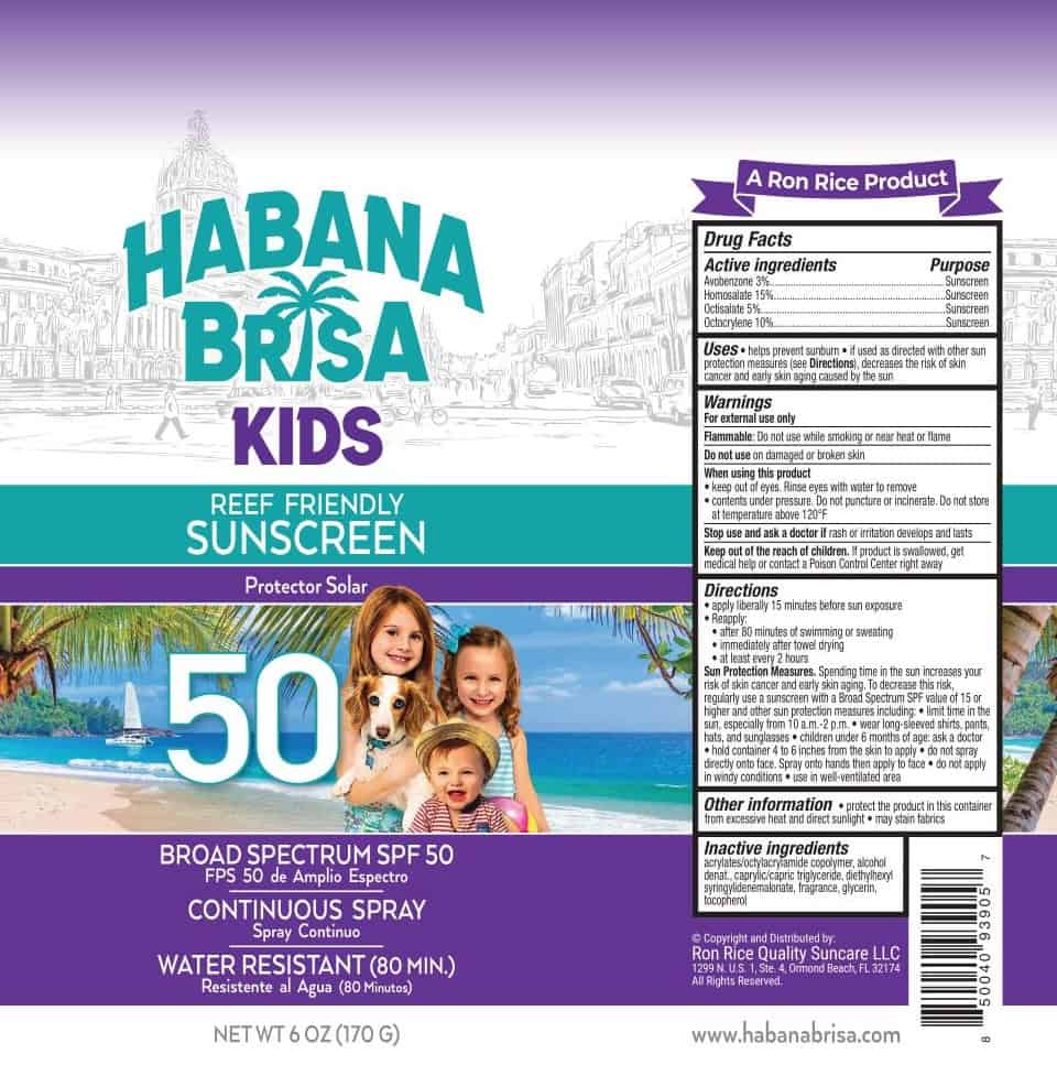 Habana Brisa Kids SPF 50 reef friendly sunscreen spray label with beach scene and smiling children