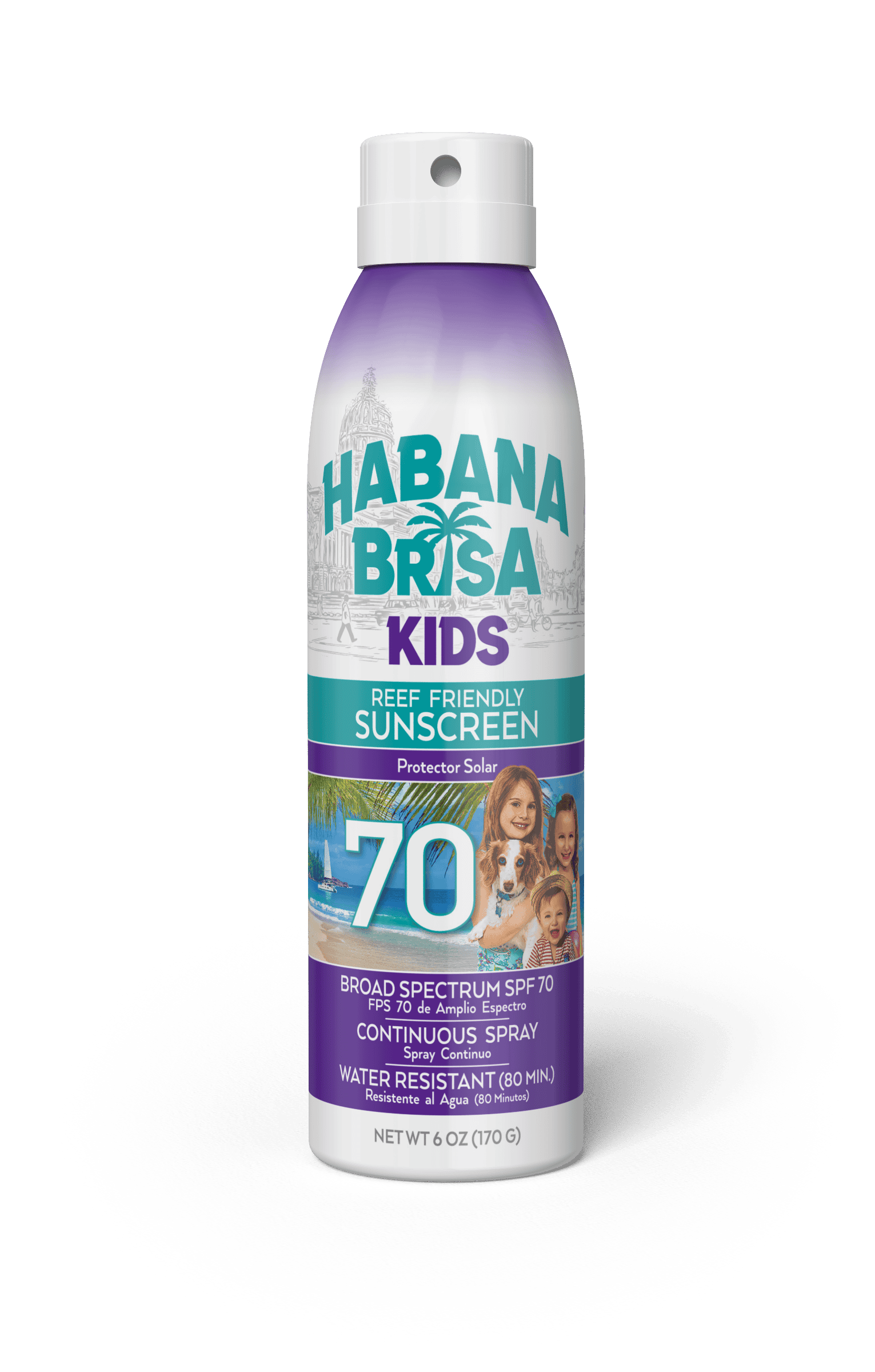 Habana Brisa Kids SPF 70 reef friendly sunscreen spray bottle with tropical beach background