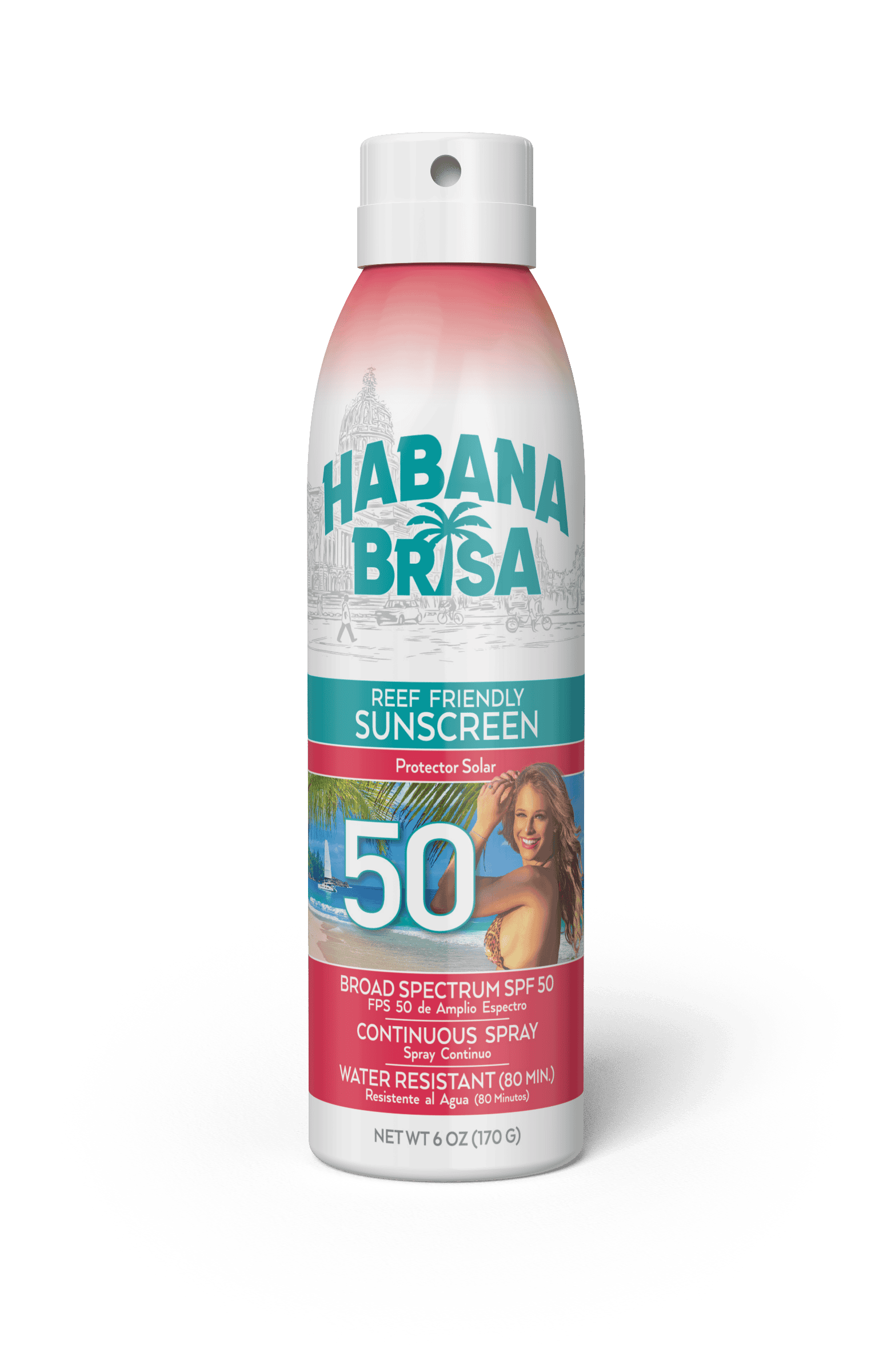 Habana Brisa Reef Friendly Sunscreen SPF 50 continuous spray bottle with beach scene label