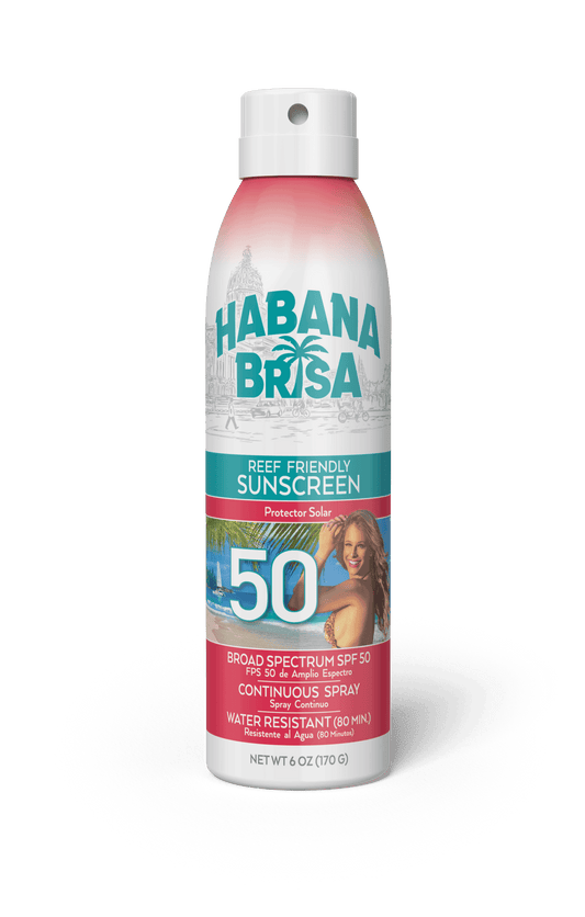 Habana Brisa Reef Friendly Sunscreen SPF 50 continuous spray bottle with beach scene label